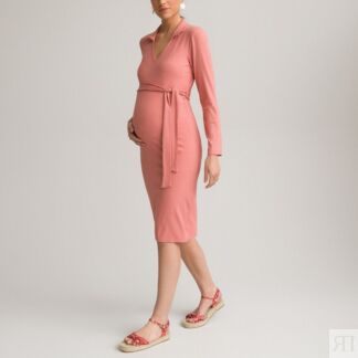 Платье Для периода беременности прямое воротник-поло длинные рукава L розов