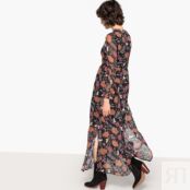 Платье Длинное с цветочным рисунком V-образным вырезом и длинными рукавами