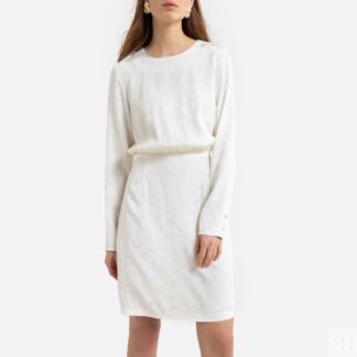 Прямое Платье из атласной ткани с длинными рукавами 50 белый