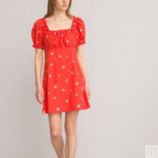 Платье Короткое с квадратным вырезом и вышитыми цветами 50 красный