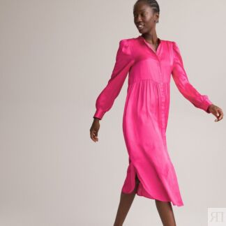 Длинное Платье-рубашка с длинными рукавами 44 розовый